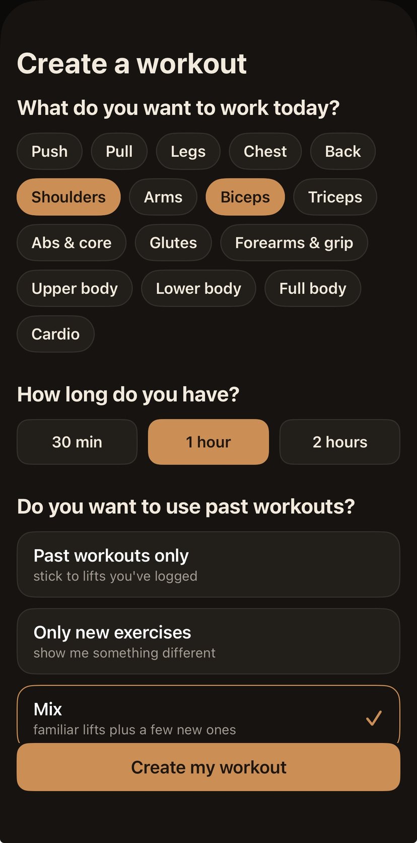 The Create a workout screen: muscle-group chips with shoulders and biceps selected, a one-hour session length, and past lifts mixed with a few new ones
