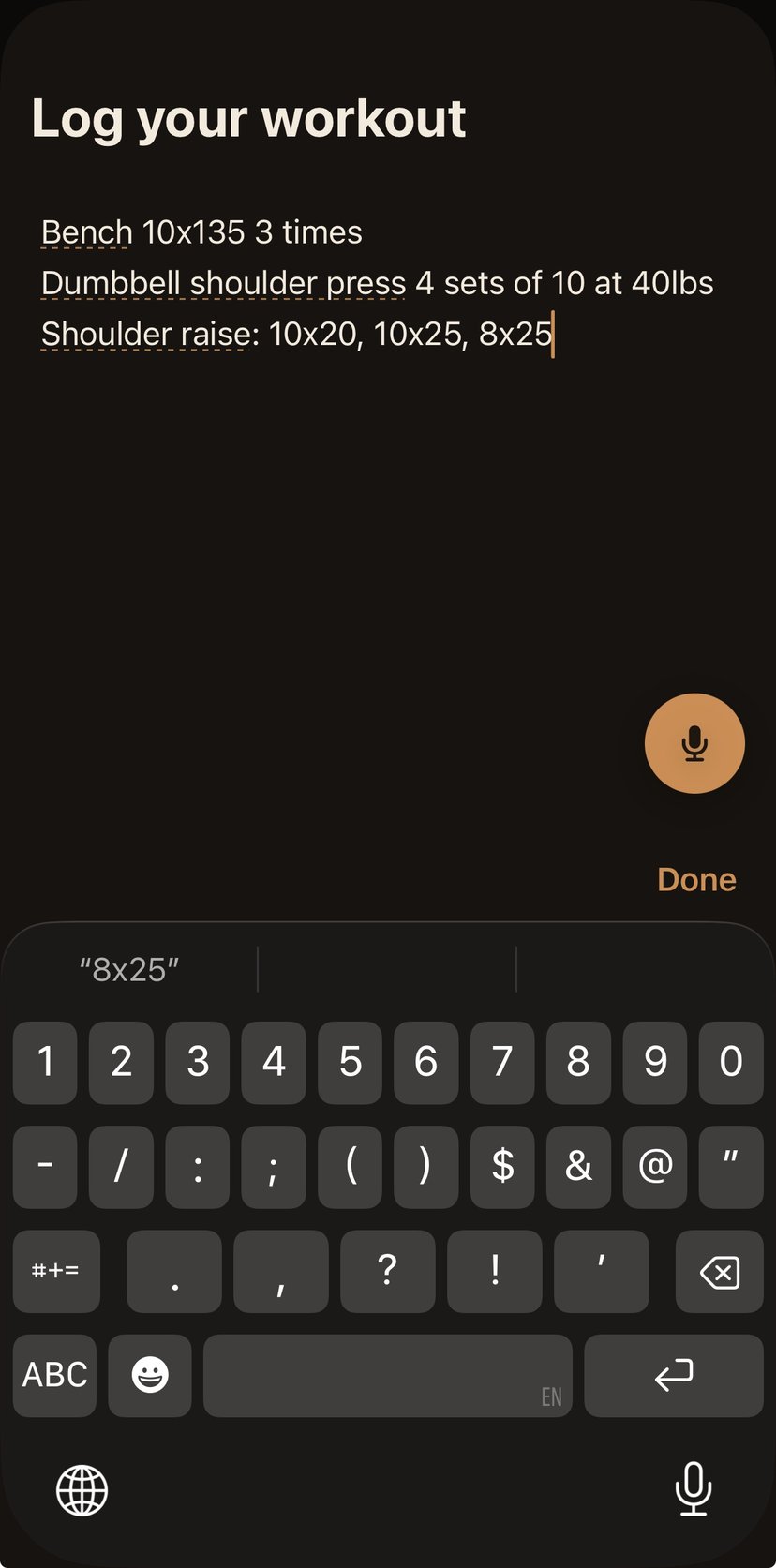 Typing a session into the Reps AI composer in plain shorthand — bench, dumbbell shoulder press, shoulder raises — with the keyboard up
