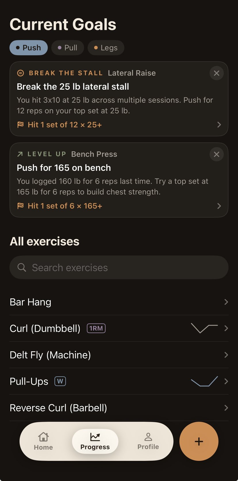 The Progress tab with Current Goals: break the 25-pound lateral raise stall and push for 165 on bench, above the all-exercises list