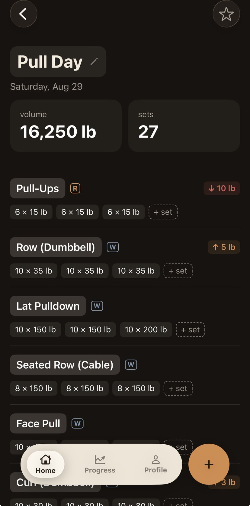 A saved Pull Day session overview: 16,250 pounds of volume across 27 sets, each exercise listed with its sets and weight changes