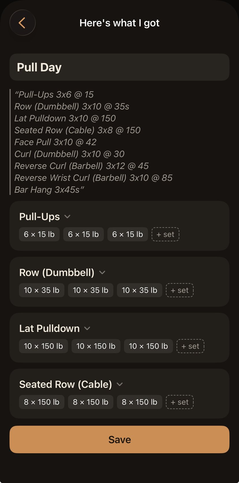 The review step: a Pull Day note parsed into structured exercises and sets, each one editable, with a save button